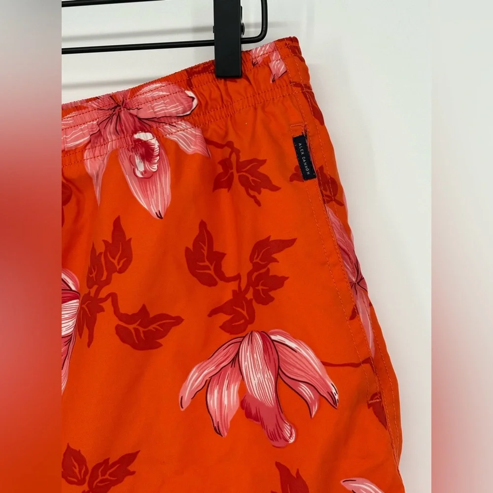 ALEX CANNON Swim Shorts Lined Drawstring Elastic Waist Orange Floral Mens XL